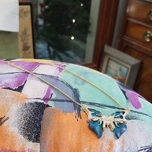 Gold & Crystals Butterfly Pendant Necklace with Teal Blue Lucite Wings! NWOT!!!